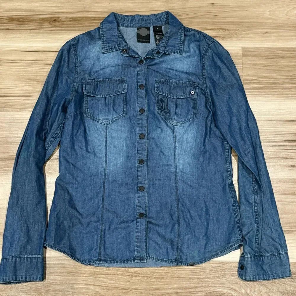 Harley Davidson Blue Long Sleeve Button Up TopโWomenโsโSmall